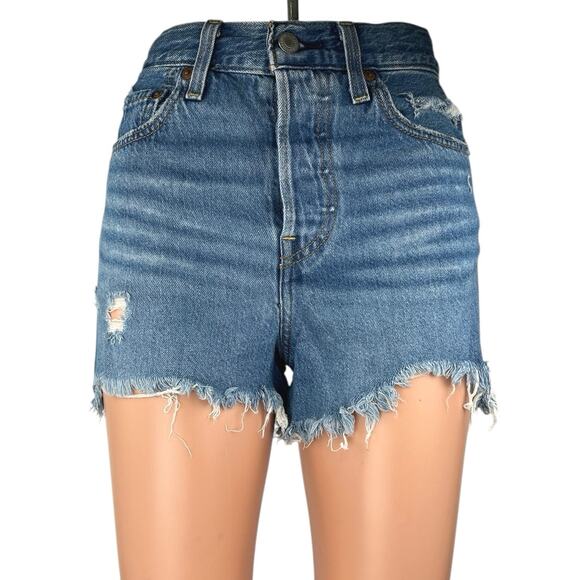 Levi's Ribcage Women's Blue High Waisted Distressed Cutoff Denim Jean Shorts 25 - Picture 1 of 6